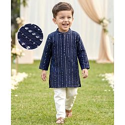 Babyhug Georgette Woven Full Sleeves Kurta Pajama Set with Embroidery & Sequin Detailing - Navy Blue