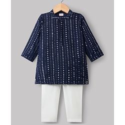 Babyhug Georgette Woven Full Sleeves Kurta Pajama Set with Embroidery & Sequin Detailing - Navy Blue