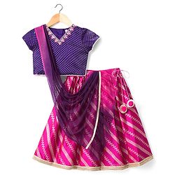 Babyhug Brocade Woven Half Sleeves Polka Dot Printed Choli Lehenga Set with Dupatta & Embroidery - Fuchsia