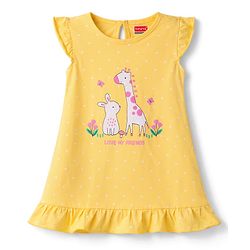Babyhug Cotton Knit Half Sleeves Nighty with Animal Print - Yellow