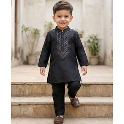 Babyhug Cotton Blend Woven Full Sleeves Kurta Pajama Set with Embroidery - Black