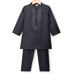 Babyhug Cotton Blend Woven Full Sleeves Kurta Pajama Set with Embroidery - Black