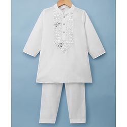 Babyhug Cotton Blend Woven Full Sleeves Kurta Pajama Set with Embroidery & Sequin Detailing - White