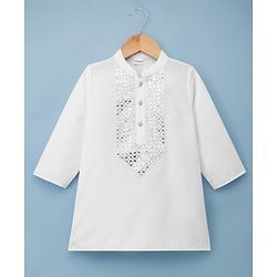 Babyhug Cotton Blend Woven Full Sleeves Kurta Pajama Set with Embroidery & Sequin Detailing - White