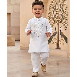 Babyhug Cotton Blend Woven Full Sleeves Kurta Pajama Set with Embroidery & Sequin Detailing - White