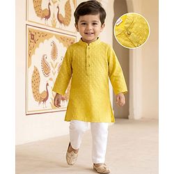 Babyhug Cotton Blend Woven Full Sleeves Kurta Pajama Set with Embroidery - Yellow