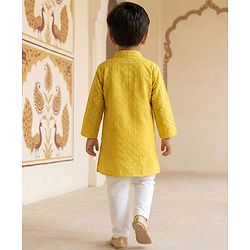 Babyhug Cotton Blend Woven Full Sleeves Kurta Pajama Set with Embroidery - Yellow