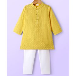 Babyhug Cotton Blend Woven Full Sleeves Kurta Pajama Set with Embroidery - Yellow