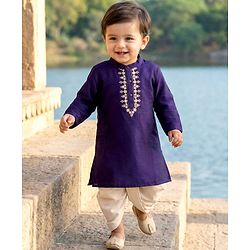 Babyhug Woven Full Sleeves Kurta Dhoti Set with Embroidery - Navy Blue