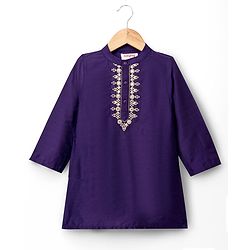 Babyhug Woven Full Sleeves Kurta Dhoti Set with Embroidery - Navy Blue