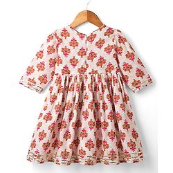 Babyhug Cambric Woven Three Forth Sleeves Floral Printed & Sequinned Ethnic Frock - Light Pink