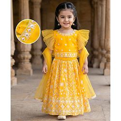 Babyhug Georgette Woven Frill Sleeves Choli Lehenga Set with Dupatta & Embroidery - Yellow