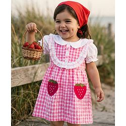 Babyhug Seer Sucker Half Puffed Sleeves Checkered Frock with Strawberry Patch - Pink & White