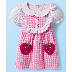Babyhug Seer Sucker Half Puffed Sleeves Checkered Frock with Strawberry Patch - Pink & White