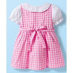 Babyhug Seer Sucker Half Puffed Sleeves Checkered Frock with Strawberry Patch - Pink & White