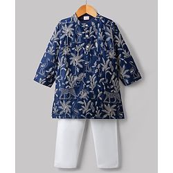 Babyhug Cotton Blend Woven Full Sleeves Kurta Pajama Set Jungle Theme Embroidery - Navy Blue