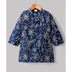 Babyhug Cotton Blend Woven Full Sleeves Kurta Pajama Set Jungle Theme Embroidery - Navy Blue