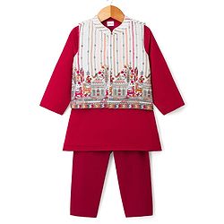 Babyhug Cotton Blend Woven Full Sleeves Kurta Pyjama Set with Embroidered Jacket - Wine