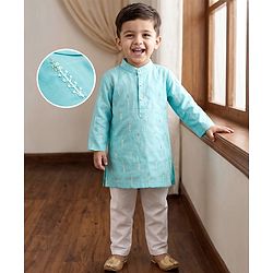 Babyhug Cotton Blend Woven Full Sleeves Kurta Pajama Set with Embroidery & Sequin Detailing - Light Blue
