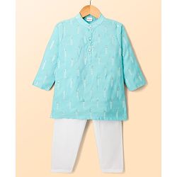Babyhug Cotton Blend Woven Full Sleeves Kurta Pajama Set with Embroidery & Sequin Detailing - Light Blue