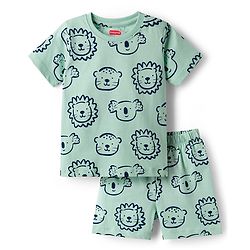 Babyhug Cotton Knit Half Sleeves Animal Printed T-Shirt & Short Co-Ord Night Suit - Sea Green