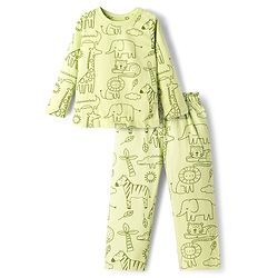 Babyhug Cotton Knit Full Sleeves Animal Printed T-Shirt & Pyjama Co-Ord Night Suit - Green