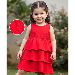 Babyhug 100% Cotton Knit Sleeveless Layered Frock With Lace Detailing - Red