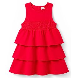 Babyhug 100% Cotton Knit Sleeveless Layered Frock With Lace Detailing - Red