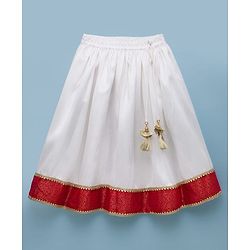 Babyhug Brocade Woven Half Sleeves Floral Printed Pattu Pavda Lehenga Choli Set - Red & White