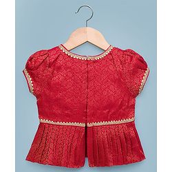 Babyhug Brocade Woven Half Sleeves Floral Printed Pattu Pavda Lehenga Choli Set - Red & White