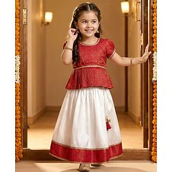 Babyhug Brocade Woven Half Sleeves Floral Printed Pattu Pavda Lehenga Choli Set - Red & White