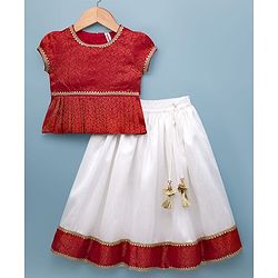 Babyhug Brocade Woven Half Sleeves Floral Printed Pattu Pavda Lehenga Choli Set - Red & White