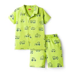 Babyhug Cotton Knit Half Sleeves Vehicle Printed Co-Ord Shirt & Shorts Night Suit - Green
