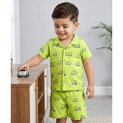Babyhug Cotton Knit Half Sleeves Vehicle Printed Co-Ord Shirt & Shorts Night Suit - Green