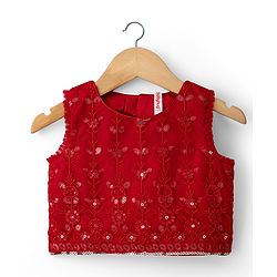 Babyhug Net Woven Sleeveless Lehenga Choli Set with Floral Embroidery & Dupatta - Red