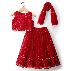 Babyhug Net Woven Sleeveless Lehenga Choli Set with Floral Embroidery & Dupatta - Red