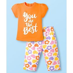 Babyhug Cotton Knit Half Sleeves Text & Floral Printed Capri Night Suit Set - Orange