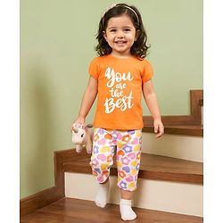 Babyhug Cotton Knit Half Sleeves Text & Floral Printed Capri Night Suit Set - Orange