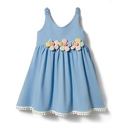 Babyhug Cotton Knit One Piece Dresses/Frocks Sleeveless with Gingham Flower Applique Blue 3-6 Months