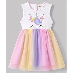 Babyhug Mesh Knit Sleeveless Unicorn Glitter Printed Frock - White