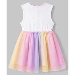 Babyhug Mesh Knit Sleeveless Unicorn Glitter Printed Frock - White