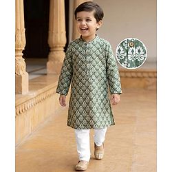 Babyhug Cotton Woven Full Sleeves Floral Print & Embroidered Kurta Pyjama Set - Green