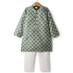 Babyhug Cotton Woven Full Sleeves Floral Print & Embroidered Kurta Pyjama Set - Green