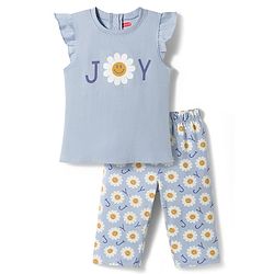 Babyhug Cotton Knit Frill Sleeves Floral Printed T-Shirt & Capri Night Suit - Light Blue