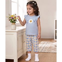 Babyhug Cotton Knit Frill Sleeves Floral Printed T-Shirt & Capri Night Suit - Light Blue
