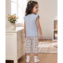 Babyhug Cotton Knit Frill Sleeves Floral Printed T-Shirt & Capri Night Suit - Light Blue