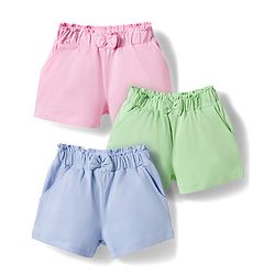 Babyhug Single Jersey Knit Mid Thigh Solid Shorts with Bow Applique Pack of 3 - Multicolor
