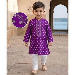 Babyhug Woven Full Sleeves Kurta Pyjama Set With Foil Print - Purple