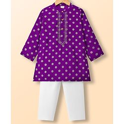 Babyhug Woven Full Sleeves Kurta Pyjama Set With Foil Print - Purple