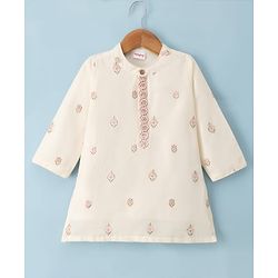Babyhug Cotton Blend Woven Full Sleeves Kurta Pyjama Set with Floral Sequin Embroidery - Offwhite